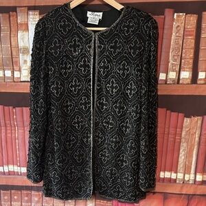 J Kara New York Beaded Sequin Silk Jacket Black Evening Formal Size M